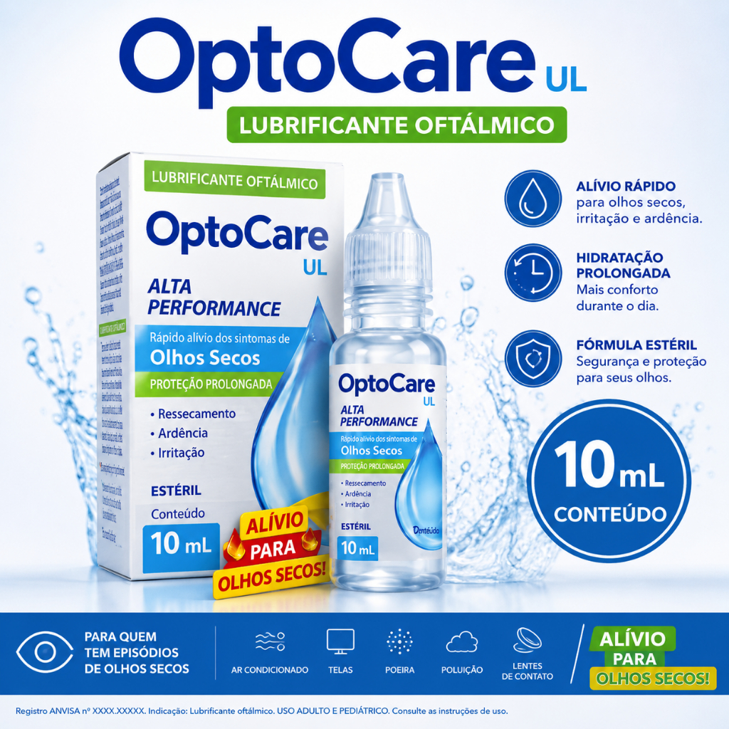 Colírio Lubrificante OptoCare UL 10ml – Alívio Rápido para Olhos Secos, Irritação e Ardência | Hidratação e Proteção