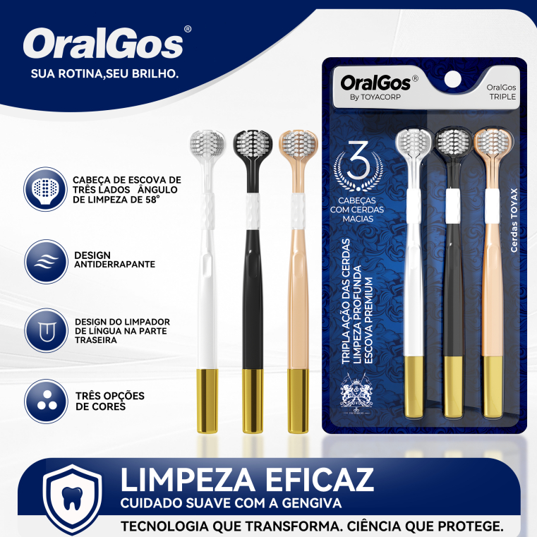 OralGos Escova de dente 3 lados | Escova adultos | Limpa os dentes | 3 unidades