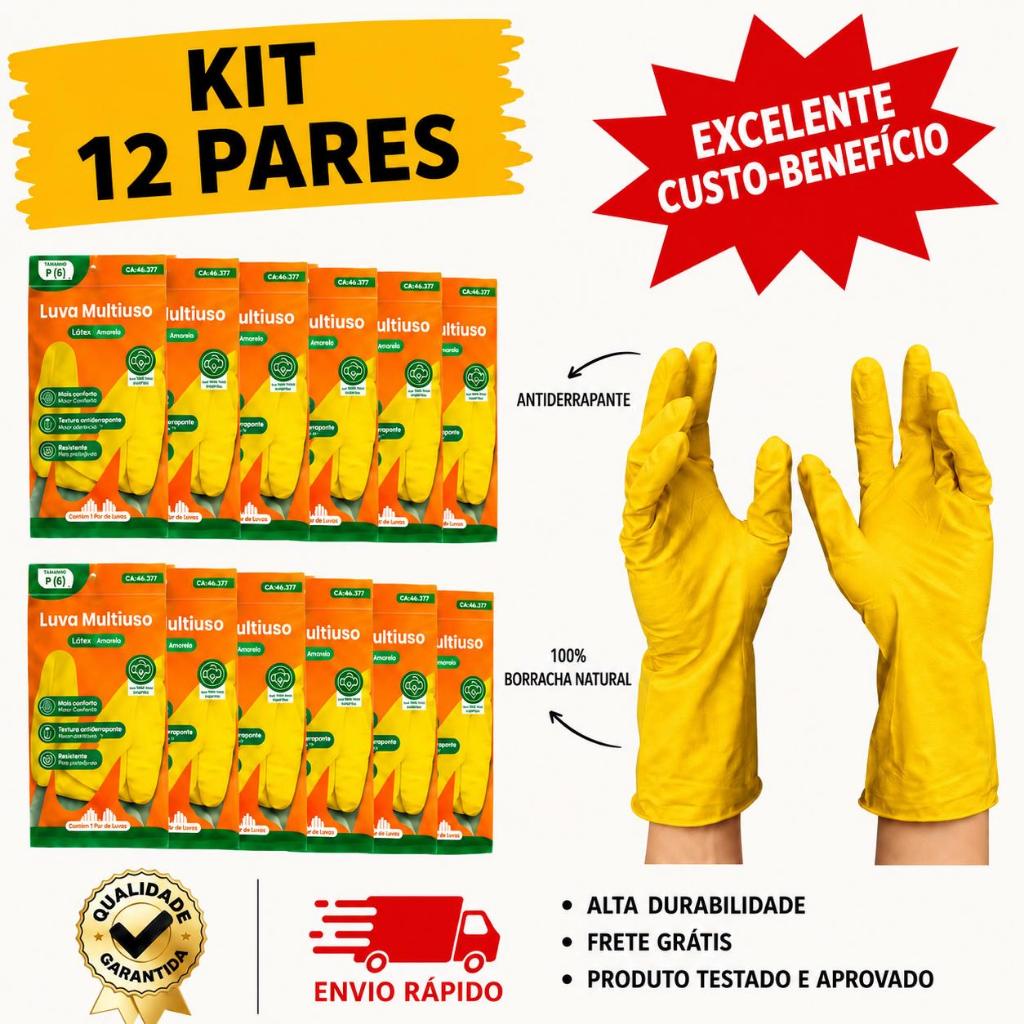 Kit 12 Pares de Luva Limpeza Amarela Emborrachada Látex Resistente Multiuso Antiderrapante Lava Louça Uso Geral