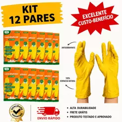Kit 12 Pares de Luva Limpeza Amarela Emborrachada Látex Resistente Multiuso Antiderrapante Lava Louça Uso Geral