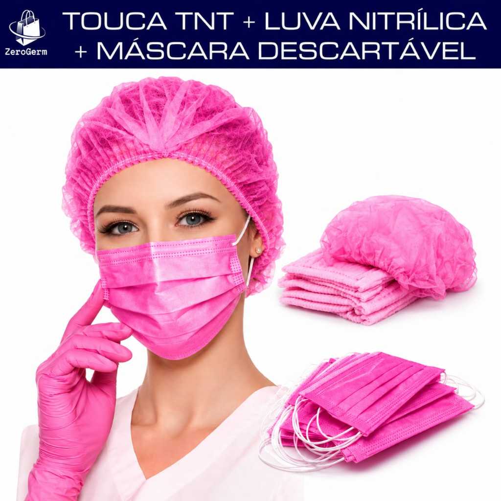 Kit 100 Touca TNT Rosa + 100 Luvas Rosa Nitrilica + 50 Máscara Rosa Descartável Tripla Camada
