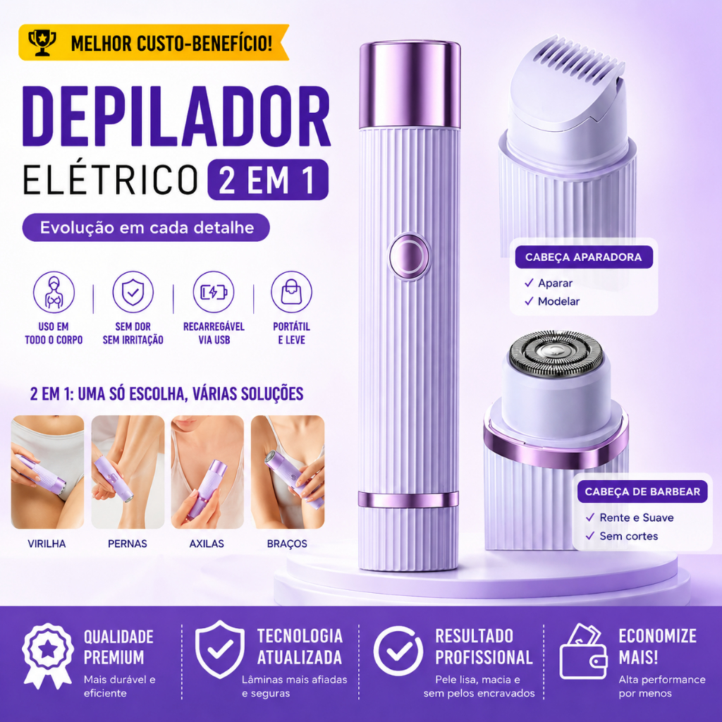 Depilador Elétrico Feminino 2 em 1 USB Sem Dor Aparador de Pelos Portá