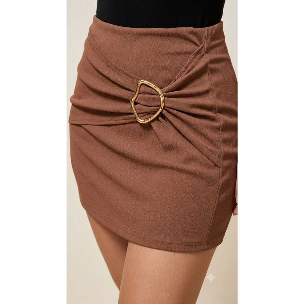 Shorts Saia feminino suplex cintura alta fivela dourada confortável elegante moda festa