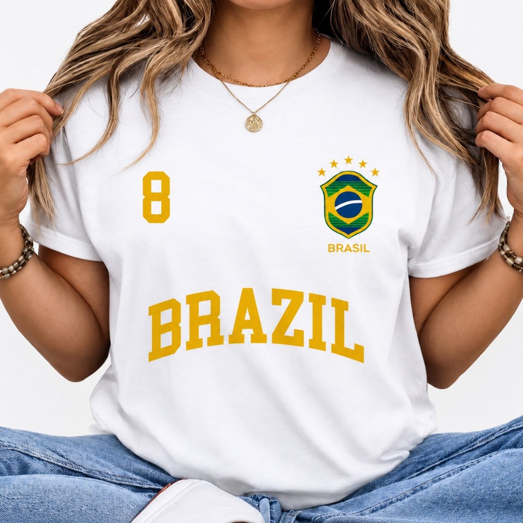 Camiseta Feminina Brasil Nº 8 Copa do Mundo Algodão Premium Casual