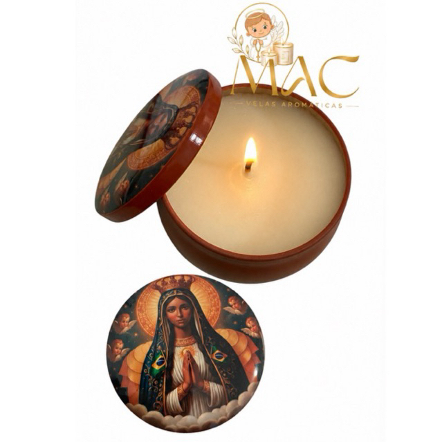 Vela na lata Vela aromática essência de bamboo com imagem de Nossa Senhora Aparecida - Marrom