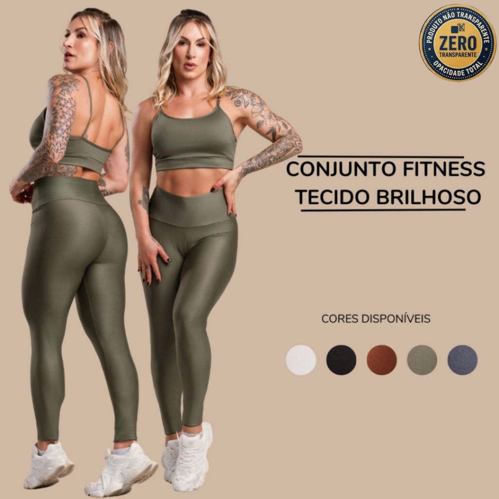 Conjunto Fitness Feminino Brilhoso Academia Top Cropped Alça e Calça Legging Lisa Cintura Alta ZERO TRANSPARÊNCIA