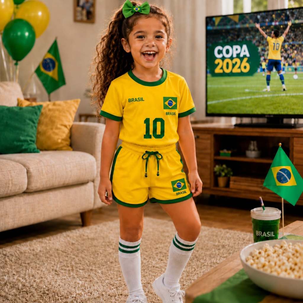 Conjunto Infantil Laço Bico De Pato Tiara Short Brasil Copa Seleção Delicado Torcedor
