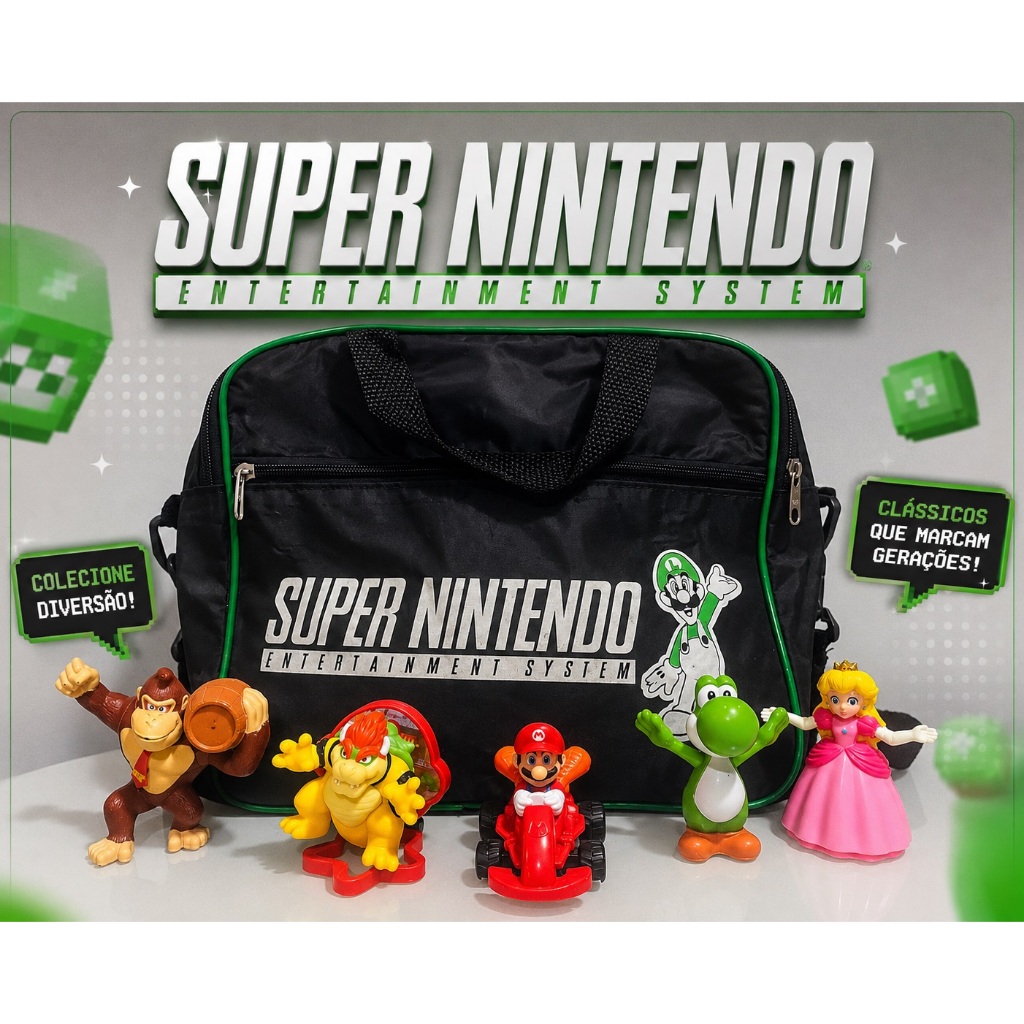 Kit Super Nintendo Retrô Vintage + Bolsa Temática + Bonecos Turma do Mario Bros Colecionáveis - SEMI NOVO