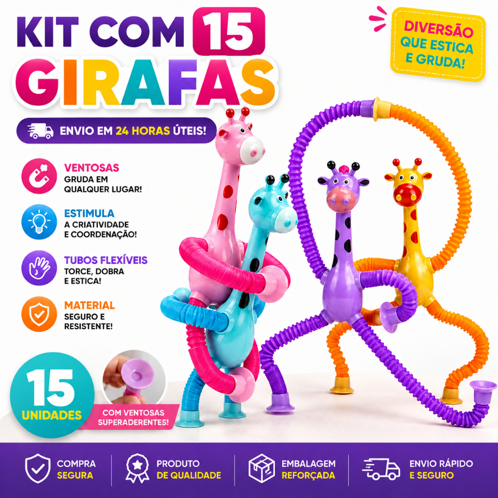 Kit c/15 Tubo Esticado Girafa Brinquedo com Ventosa Led