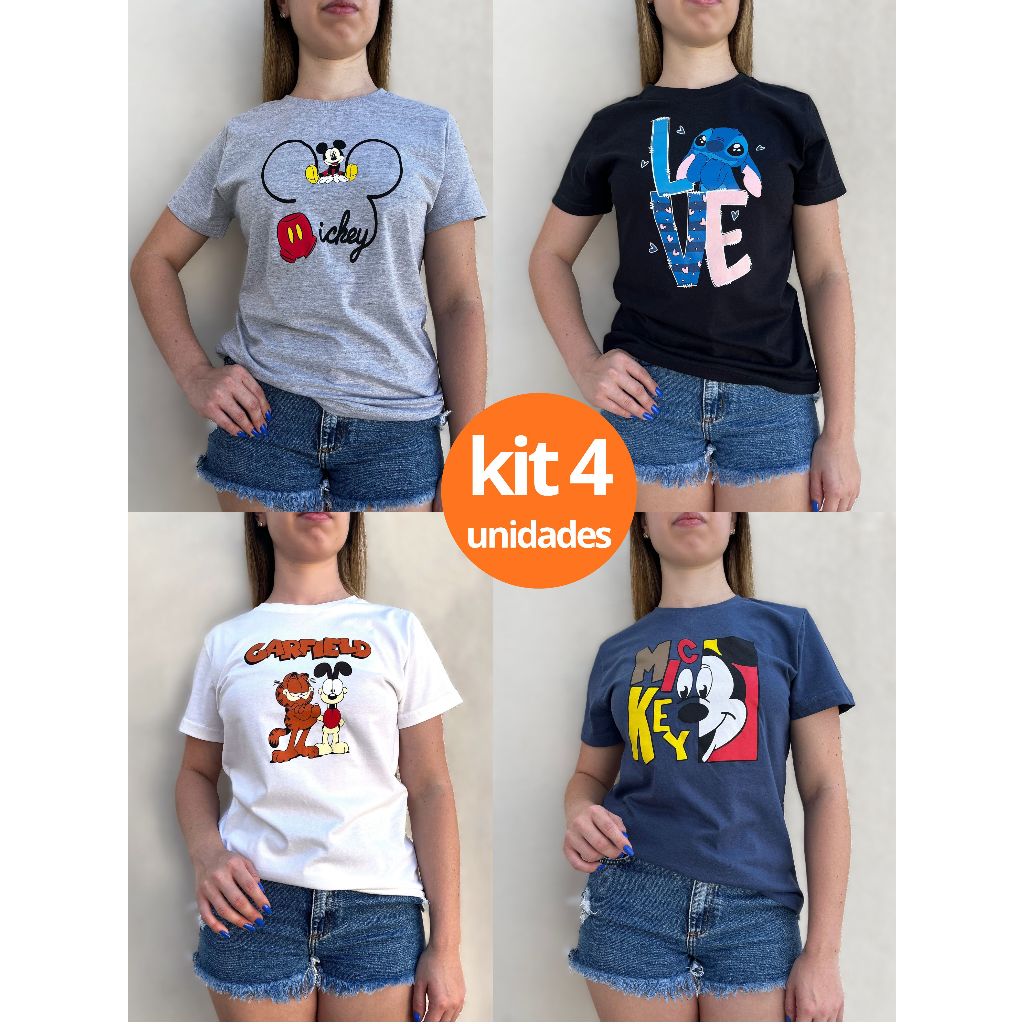 kit 4 camisetas feminina blusa t-shirt 100% algodão