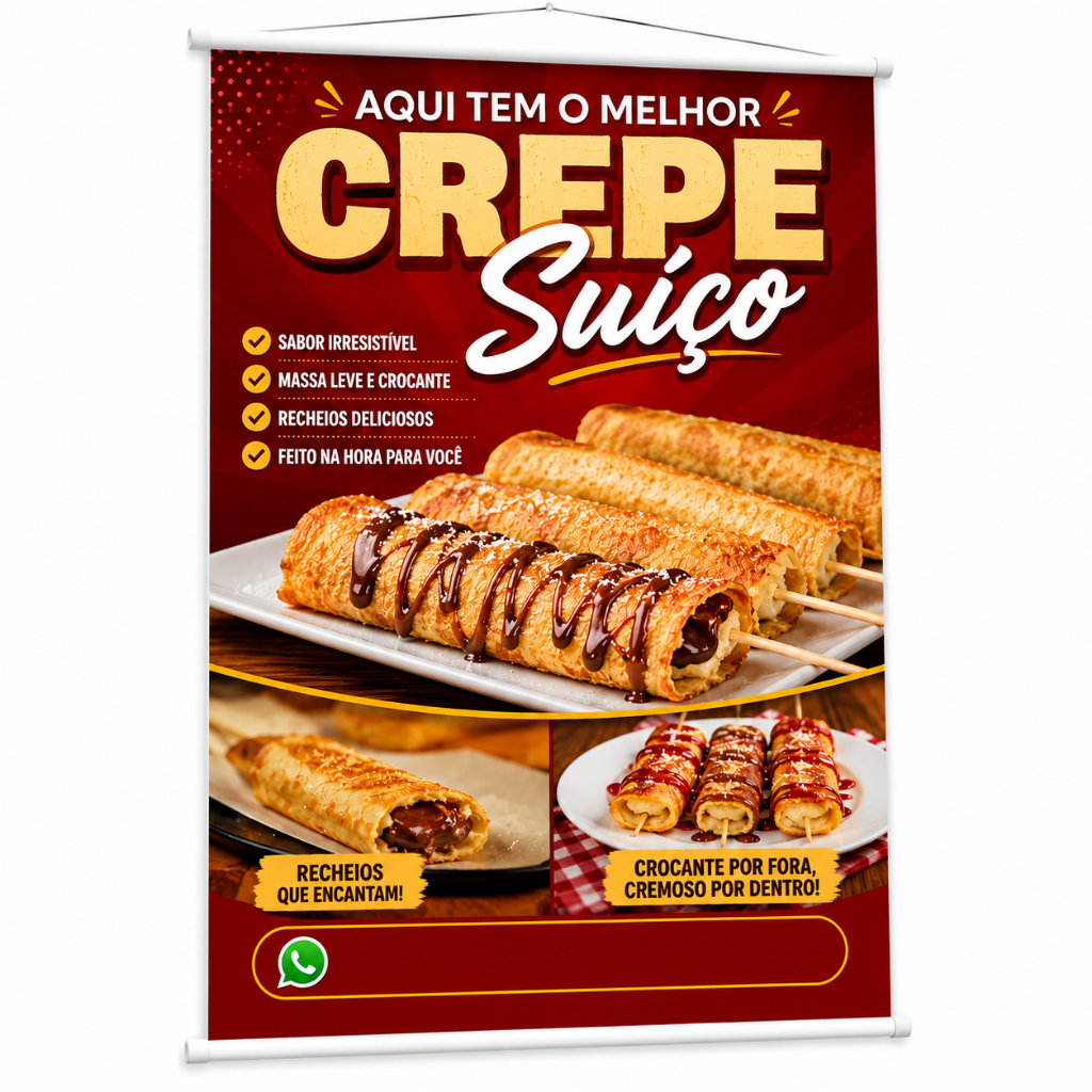 Banner Venda de Crepe Suíço de Delicioso produzido em lona Cartaz Propaganda Barraca de Feira Eventos Lanchonete Doceria