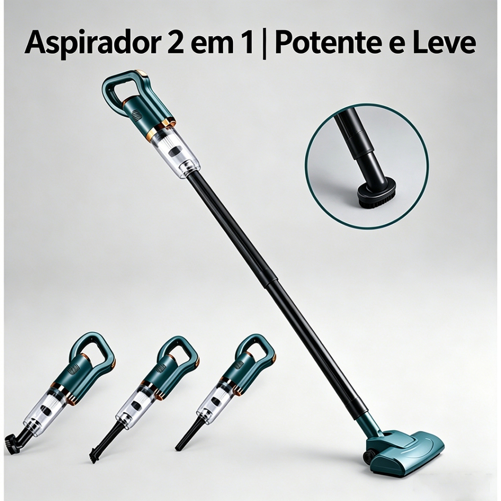 Aspirador Vertical Sem Fio 2 em 1, 4 Bicos, Potente e Leve, Doméstico e Portátil para Casa e Carro