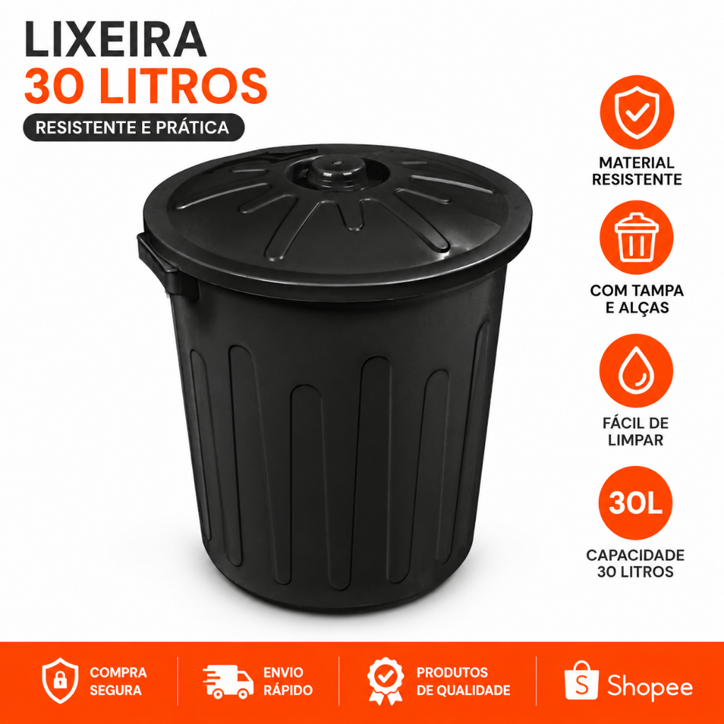 Lixeira 30 Litros Com Tampa Preta Resistente Multiuso