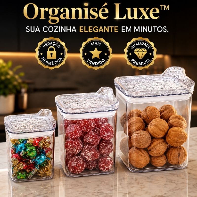 Kit 3 Potes Herméticos Quadrados Organizador Cozinha Porta Mantimentos Vedação Hermética Transparente Multiuso