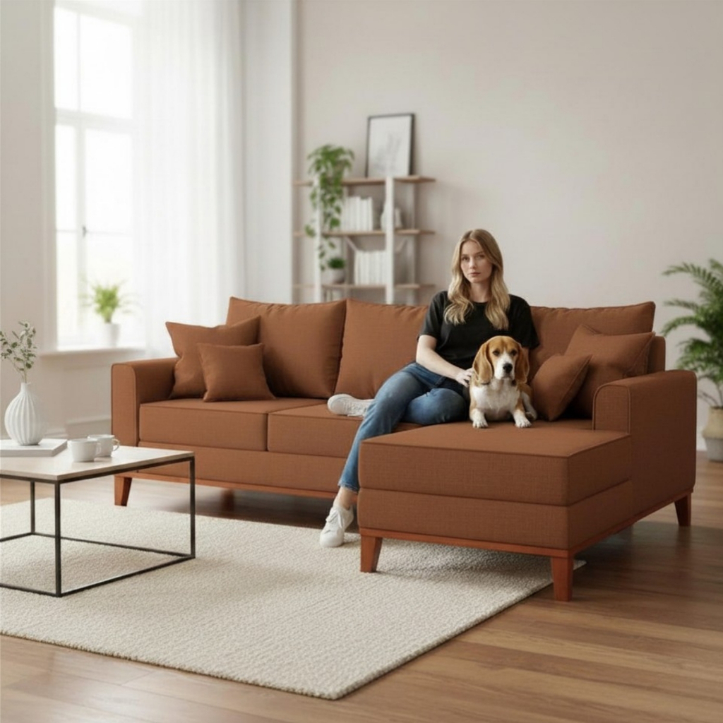Sofá 3 Lugares Beny com Chaise Direito Linho Terracota