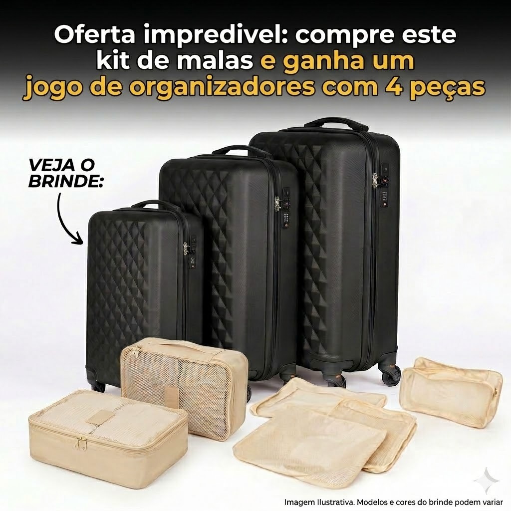 Kit 3 Malas Viagem Diamante ABS Zíper Antifurto P M G