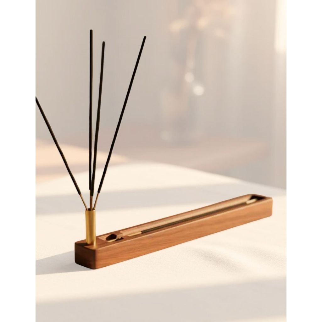 Incensário Regua Madeira Sólida e Metal Artesanal Suporte Queimador Aromaterapia Decorativo Horizon