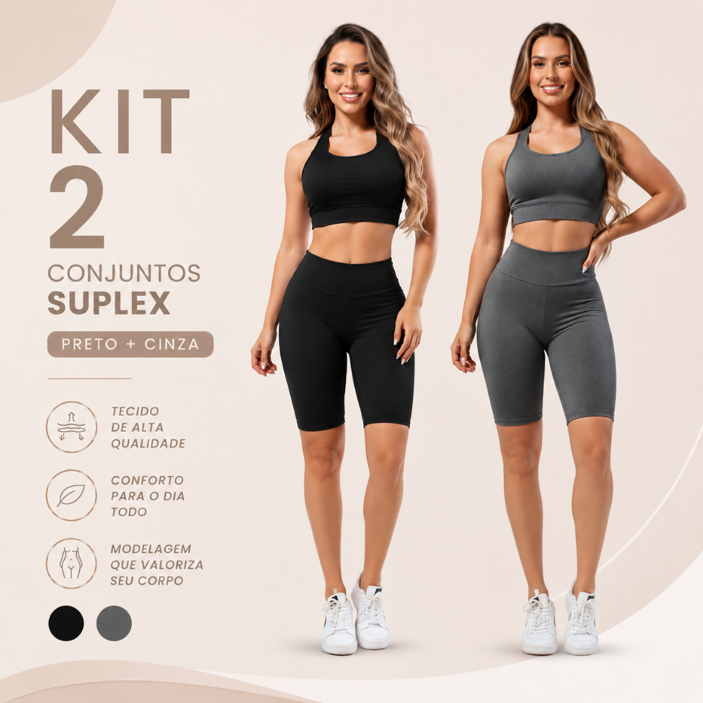 Kit 2 Conjuntos Fitness Feminino Suplex Top e Bermuda Cintura Alta Academia Treino Ginástica A09