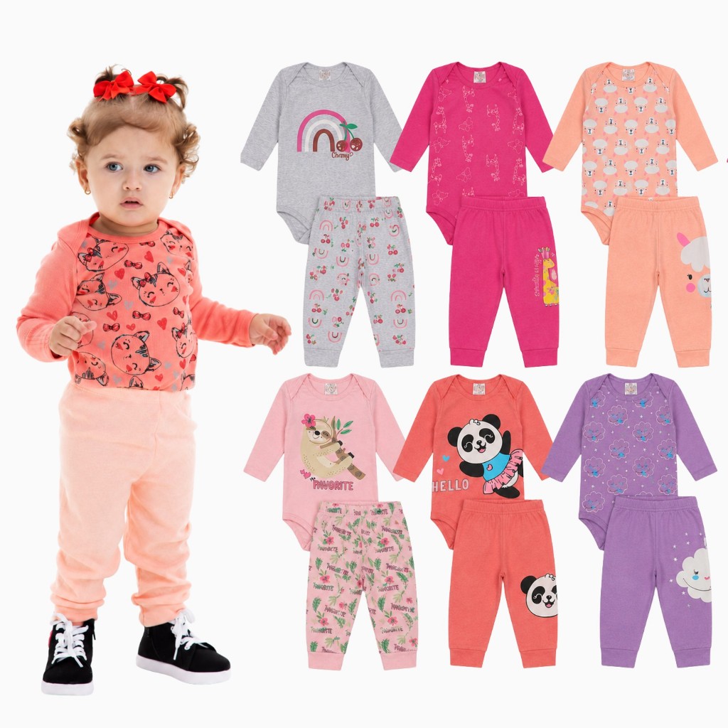 Kit 10 ou 4 Peças Body Bebê Feminino Manga Longa com Calça Suedine Algodão Inverno