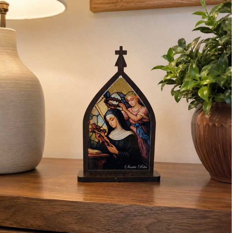 Oratório Capela Santa Rita 15cm MDF e Imagem Resinada | Decoração Casa Presente Católico Religioso Fé Proteção