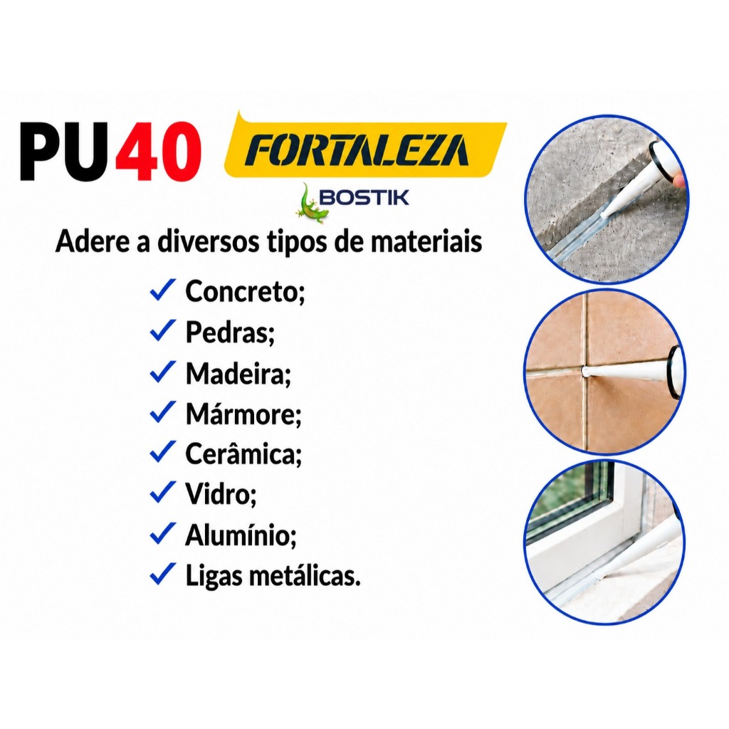 Kit 3 Cola PU40 +1 Aplicador Reforçado Branco Cinza Preto Pedras Vidros Metais Placas 3D Madeira — imagem 2 de 2