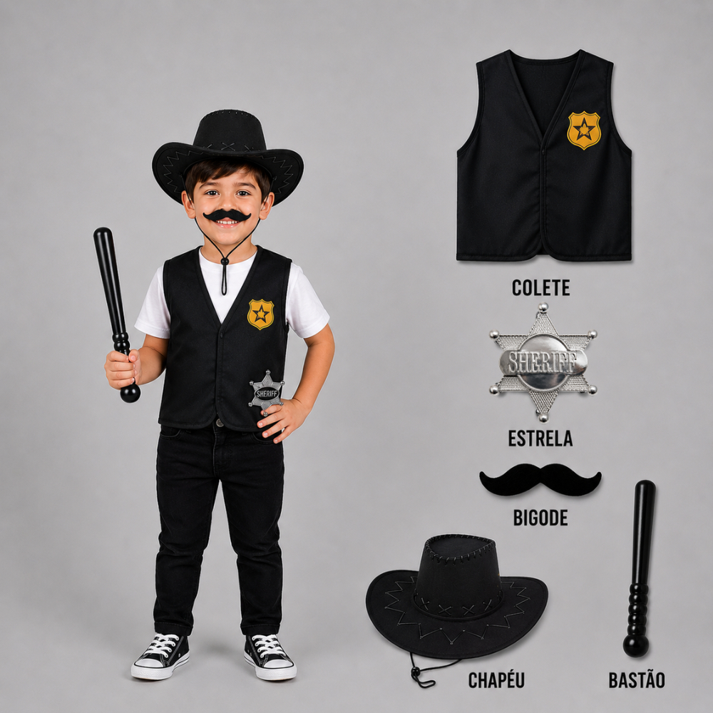 Kit Fantasia Xerife Colete Jaqueta Chapeu Pretro Cowboy Distintivo E Bigode Sheriff Infantil