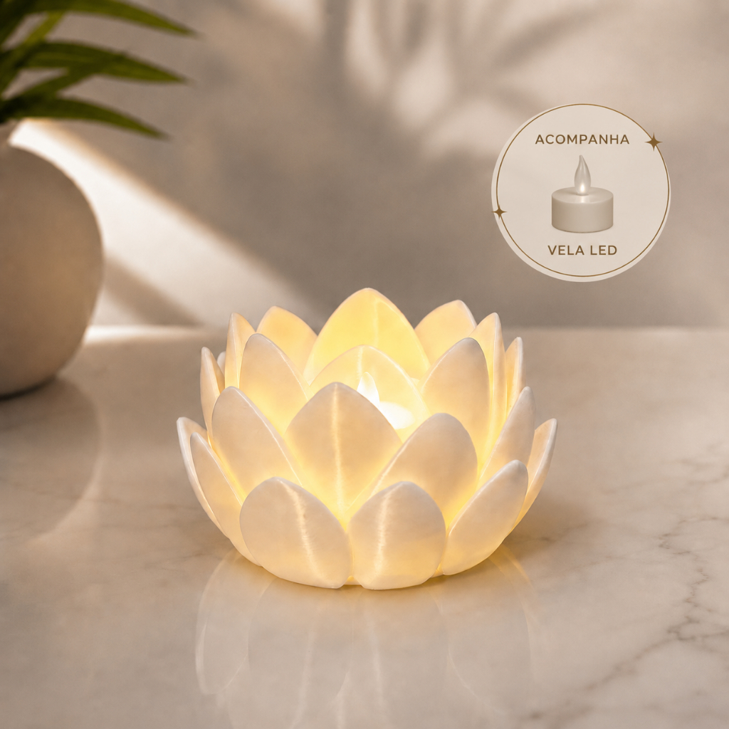 Imagem Porta Velas Flor de Lótus com Vela LED | Decoração Zen Premium Minimalista