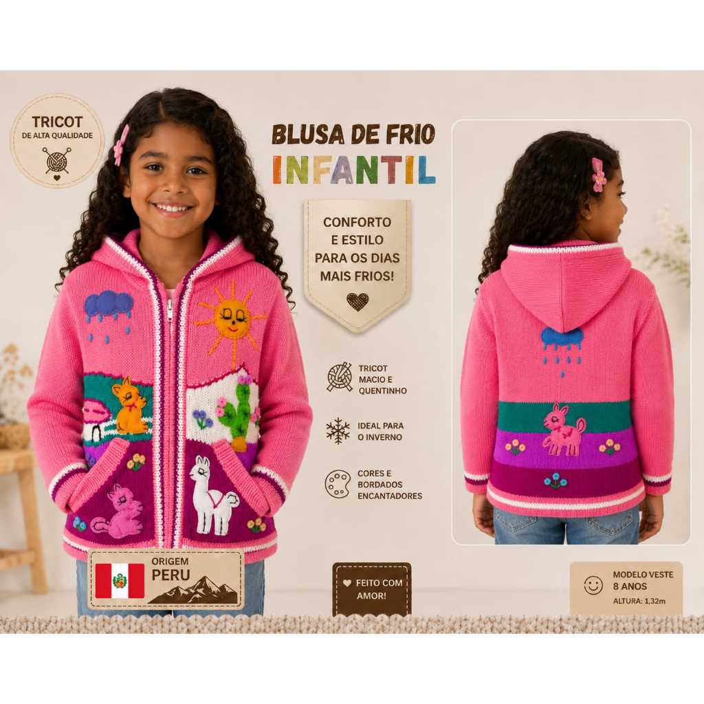 Blusa de Inverno Infantil Unissex Tricot Peruano Bordado
