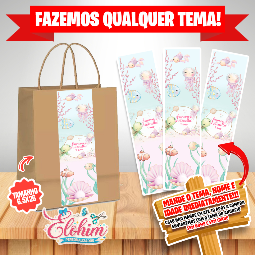 Rótulo Adesivo para personalizar sacolas Kraft / Craft tamanho do adesivo 6,5x26 - Fundo do mar menina