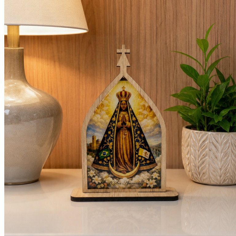 Oratório Capela Nsa Aparecida 20cm MDF e Imagem Resinada | Decoração Casa Presente Católico Religioso Fé Proteção