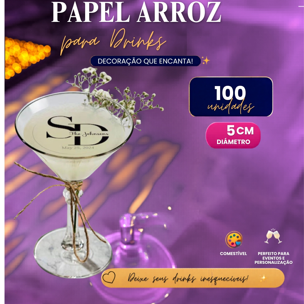 Papel de arroz 5cm para drink casamento 15anos ,50 unid