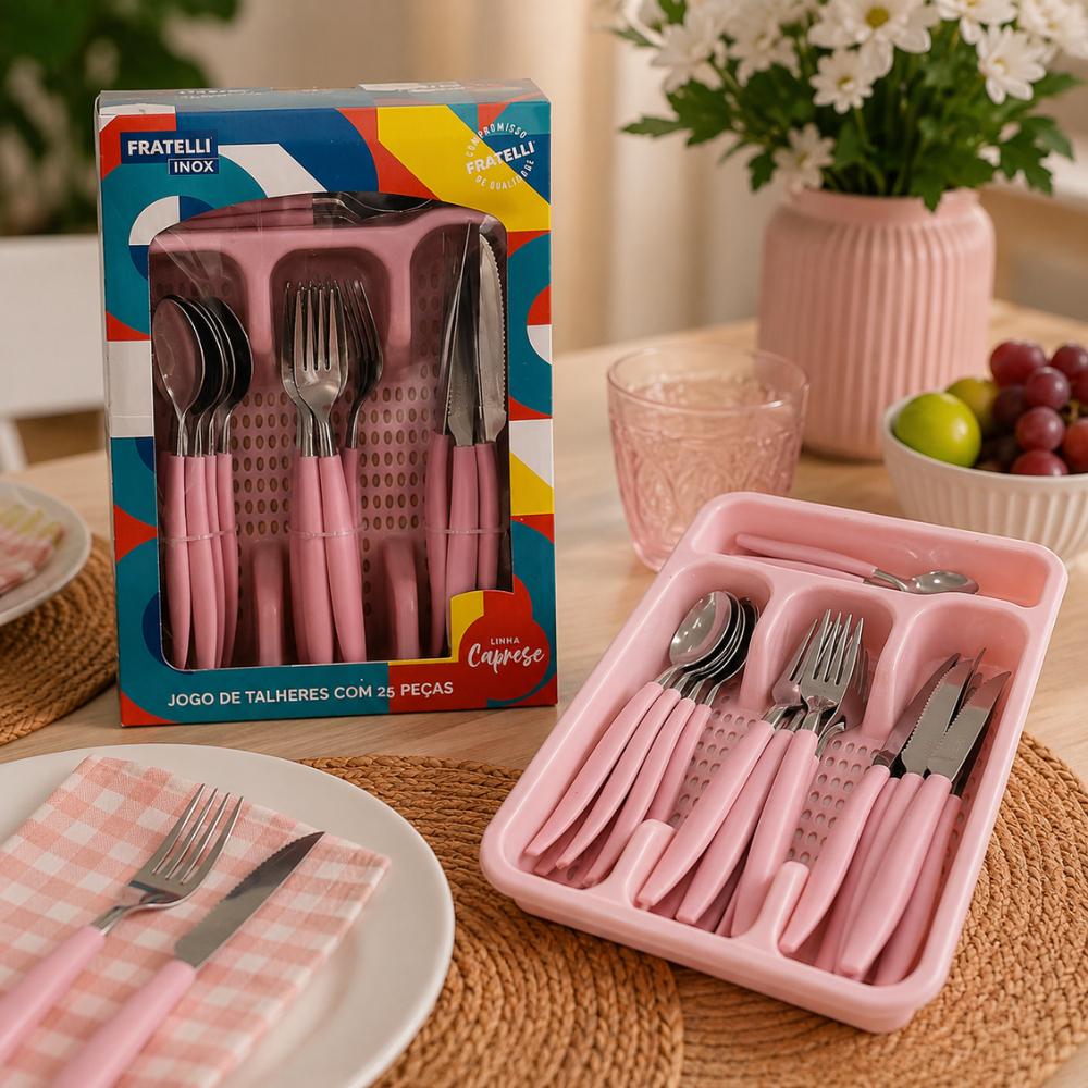 Faqueiro Inox 42 Pecas Com Gaveteiro Organizador Resistente Rosa Feminino