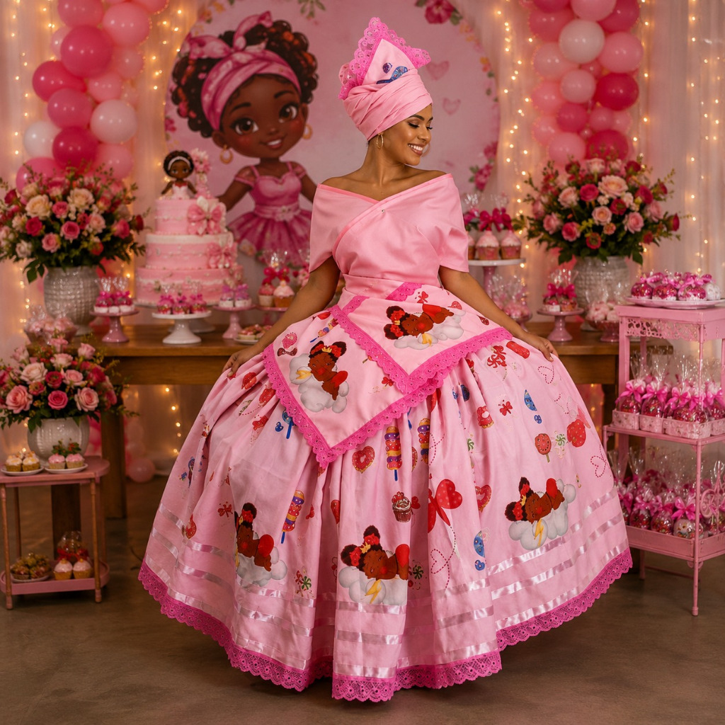 BAIANA ROSA DE ERÊ DE YANSÃ, SAIA DE OYA IBEJI, ROUPA COM BOLSINHA DE COSME E DAMIÃO - FESTA UMBANDA E CANDOMBLÉ
