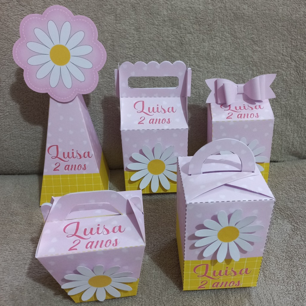 Kit Caixinhas Personalizadas para Festa Infantil | Lembrancinha de Aniversário | Tema Margaridas