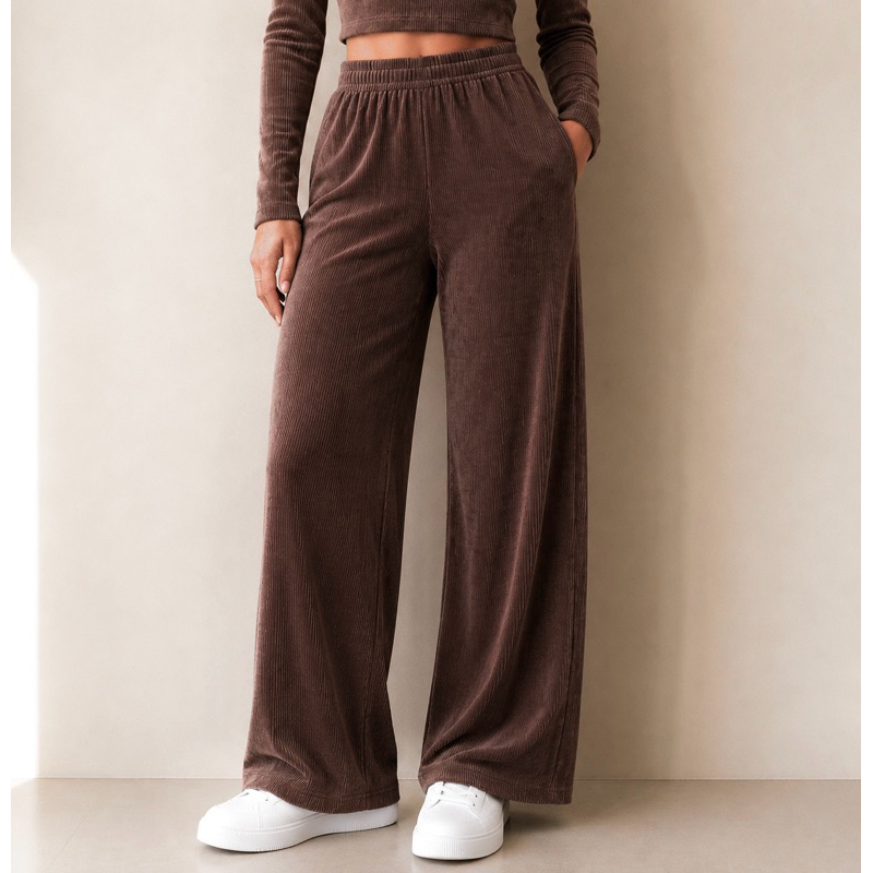 Calça Pantalona Feminina Veludo Canelado Inverno Cintura Alta Wide Leg Confortável Moda Elegante