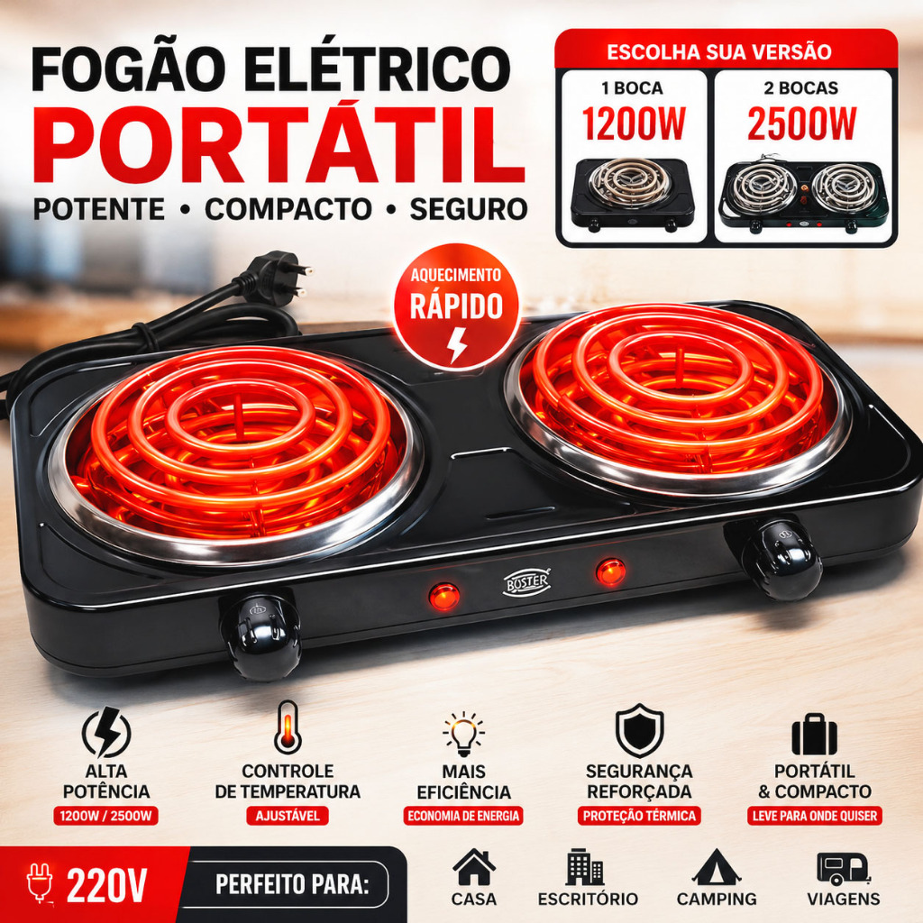 Fogão Elétrico 1 & 2 Bocas 1200W 2500W Portátil 220V  Esquenta Rápido + Compacto Potente