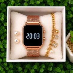 Kit Relógio Feminino Digital Led Com Pulseira e Brinco