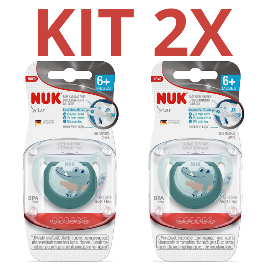 Kit 2 Chupetas NUK Star Silicone Boy 6+ Meses Bico Oral Fit 2.0