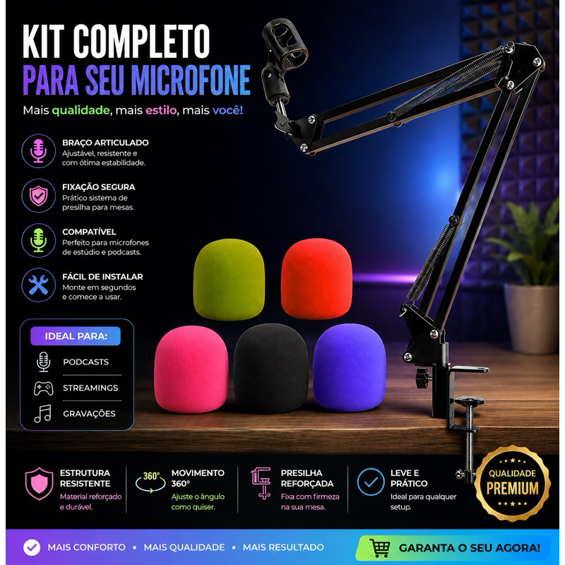 Pedestal de Microfone Articulado Para Mesa + Espuma AntiRuido