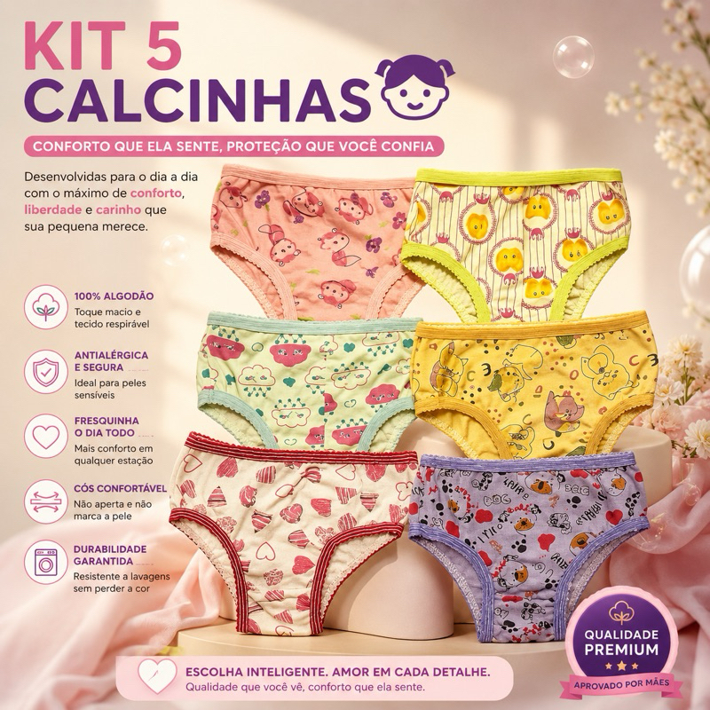 Kit Calcinha Infantil 100% Algodão Confortável 5 peças Estampada Feminina Criança Menina