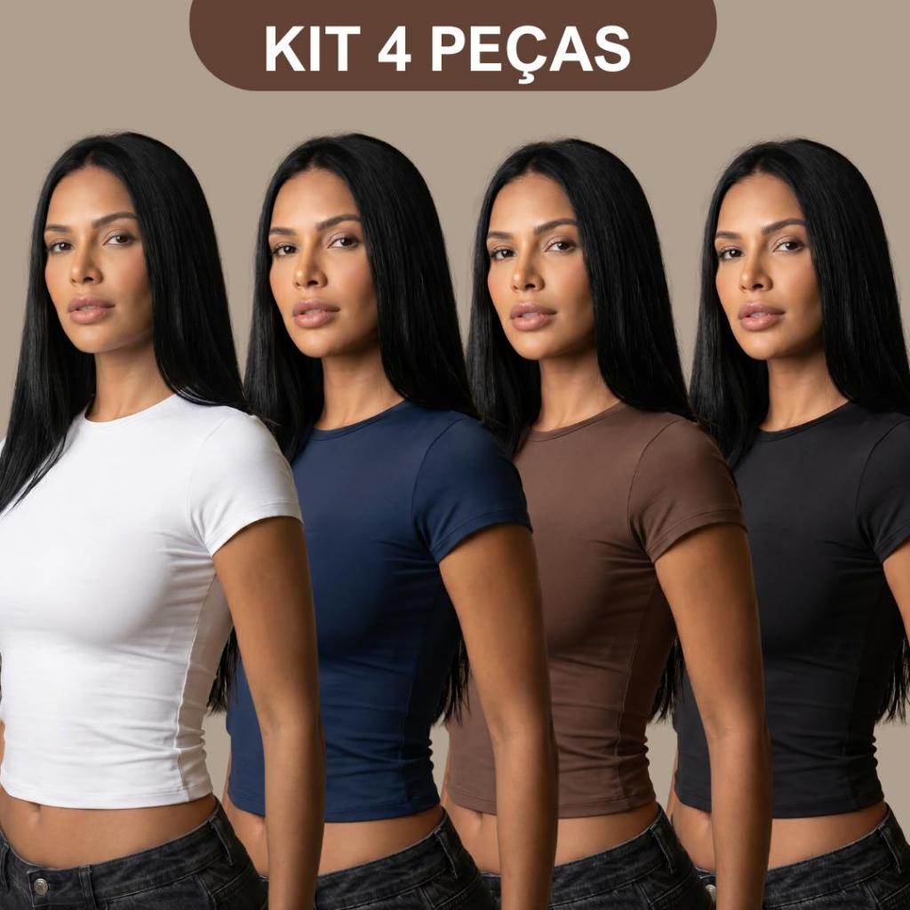 Kit 4 Blusinhas Baby Tee Feminina-Blusa Slim Fit Manga Curta -Blusa de Compressao Baby Tee