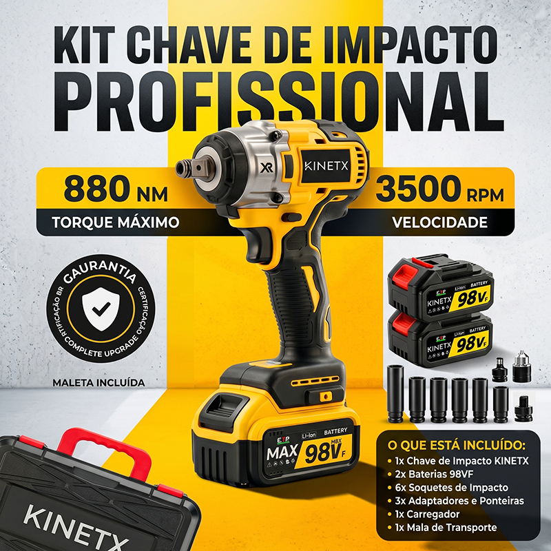 Chave de Impacto Profissional 880Nm 98VF 2 Baterias + Maleta Sem Fio Parafusadeira Furadeira Motor Brushles 6 Soquetes