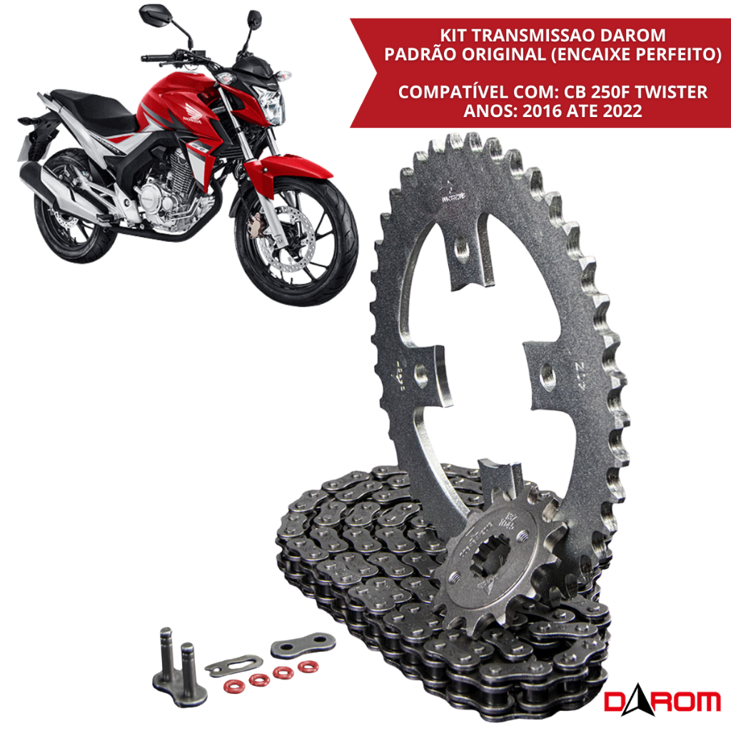 Kit Transmissão Darom C/ Retentor Honda CB 250F Twister 2016 2017 2018 2019 2020 2021 2022 Relação Corrente Coroa Pinhão