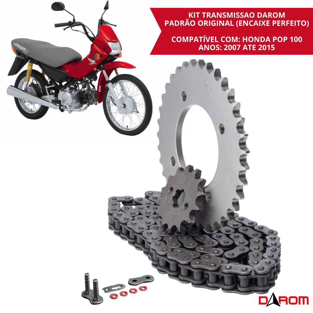 Kit Transmissão Darom Com Retentor Honda Pop 100 2007 2008 2009 2010 2011 2012 2013 2014 2015 Corrente Coroa Pinhão