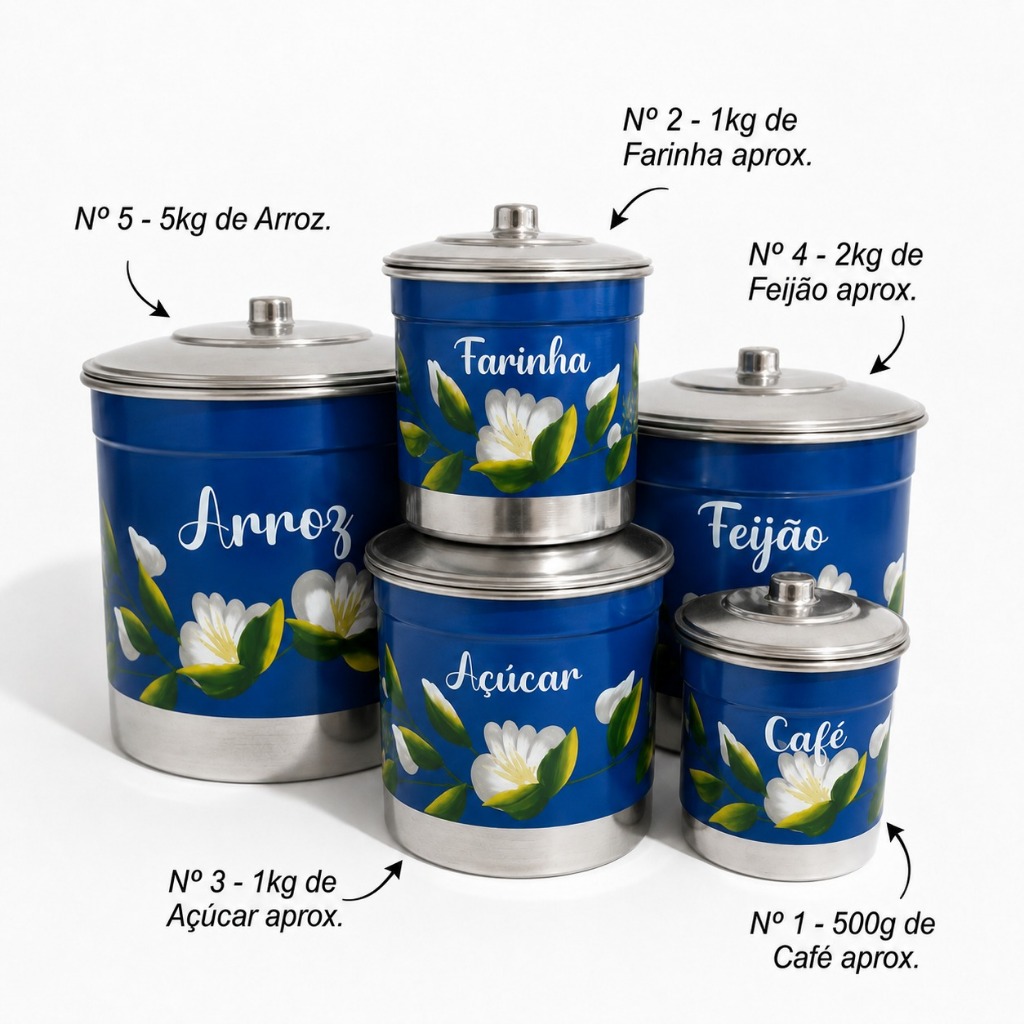 Jogo De Lata Mantimento De Aluminio - Conjunto lindo - flores 5 Pecas Porta Alimento