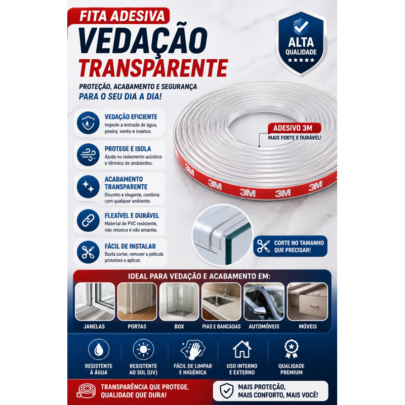 Veda Frestas Incolor Pvc 8x4 5 Metros Portas/Janelas/Vidros Contra Vento,Isolamento Acústico,Insetos,Amortecedor
