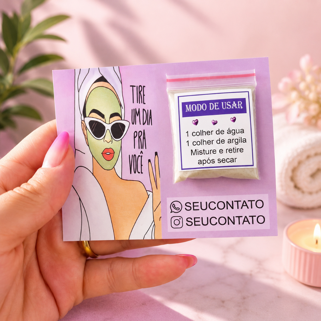 20/30/40/50 lembrancinha cliente cartão roxo com contato ou sem sachê  argila rosa verde tire um dia