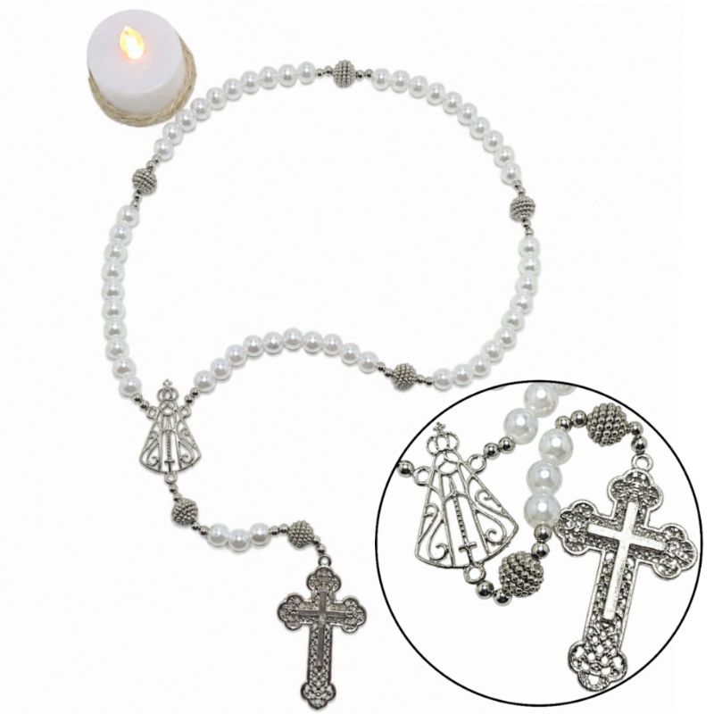 Terço Nossa Senhora Aparecida Pérola com Prata Presente Católico Religioso Fé Batizado Noiva