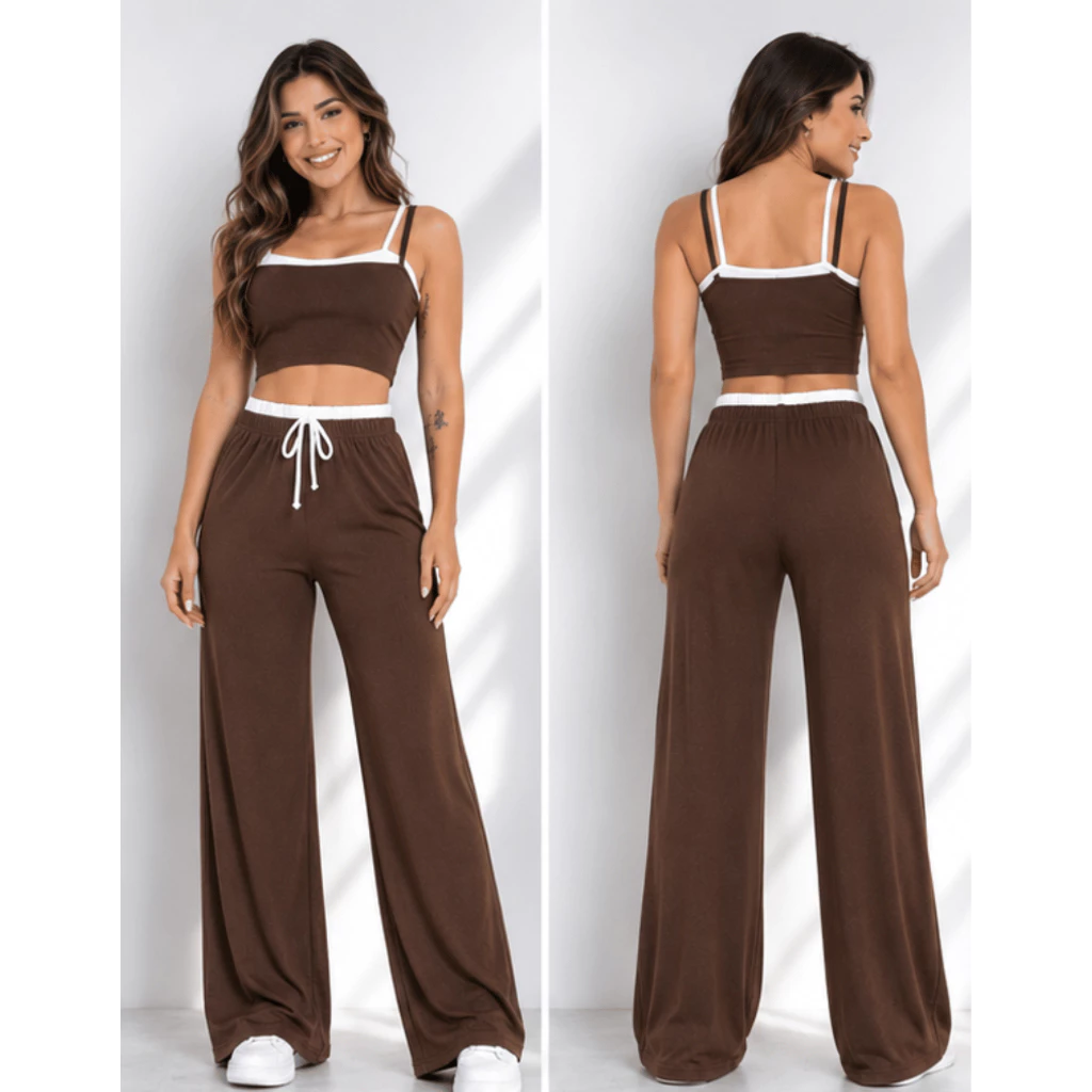Conjunto Ribana Calça Pantalona cós alto duplo e Top alcinhas dupla P ao G1 — imagem 1