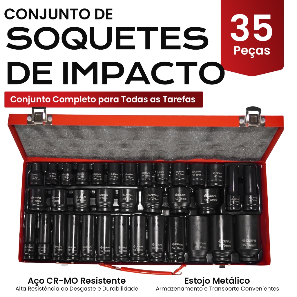 Kit Soquete de Impacto 35 Peças 1/2" Aço CR-MO Maleta Metálica-Soquetes Curtos+Longos para Chave de Impacto Automotiva